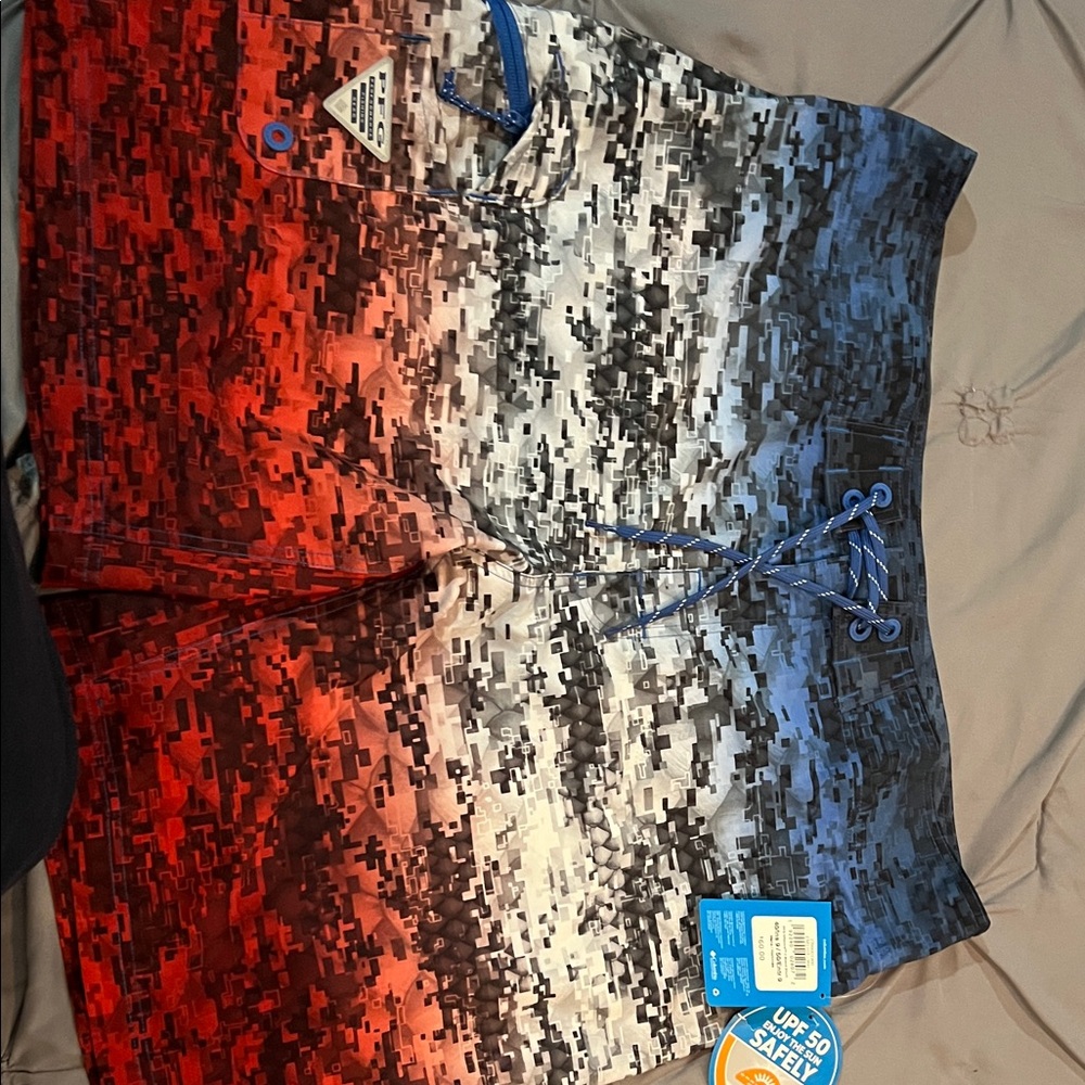 Columbia Red, Black, and White Digital Camo Swim Shorts